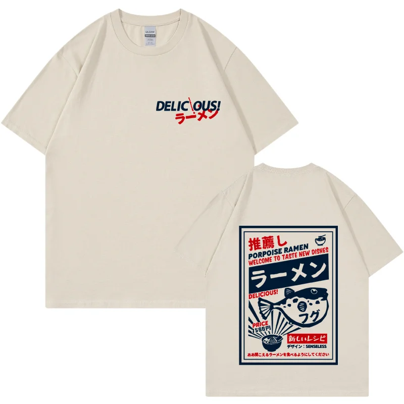 

Puffer Fish Ramen Print Short Sleeve T Shirts Harajuku Hip Hop Casual Streetwear Tops Tees 2023 Summer 100% cotton Mens T-shirt