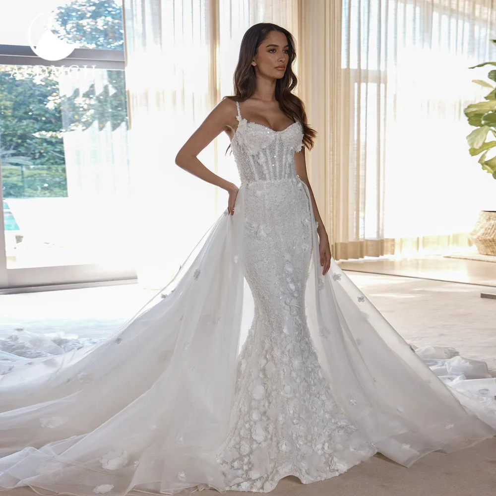 Фото Aedmgh Русалка Сексуальные свадебные платья Милая Vestido De Novia Кружева 3D цветы со съемным шлейфом Винтажное свадебное платье на заказ №1