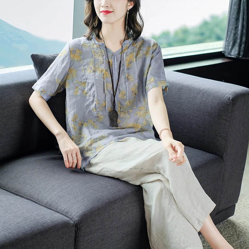 

COIGARSAM Blouse Women Summer 2022 New Vintage Print Cotton Linen Loose V-Neck Blusas Womens Tops And Blouses Dropshipping