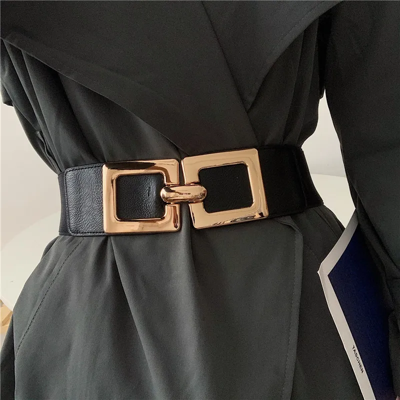 Cinturones de cintura negros para Mujer, corsé dorado con hebilla cuadrada de aleación grande, faja ancha elástica, abrigo de vestir, novedad