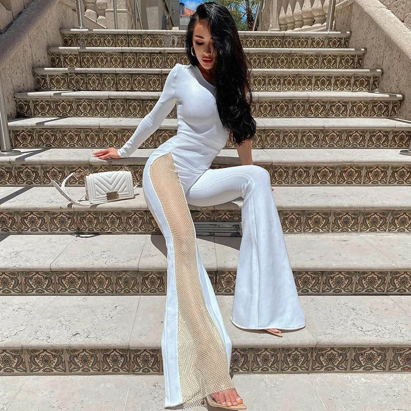 Sexy Mesh Patchwork One Shoulder Playsuits Women Elegant Solid Skinny Flare Pants Jumpsuit Fashion Lady Party Streetwear