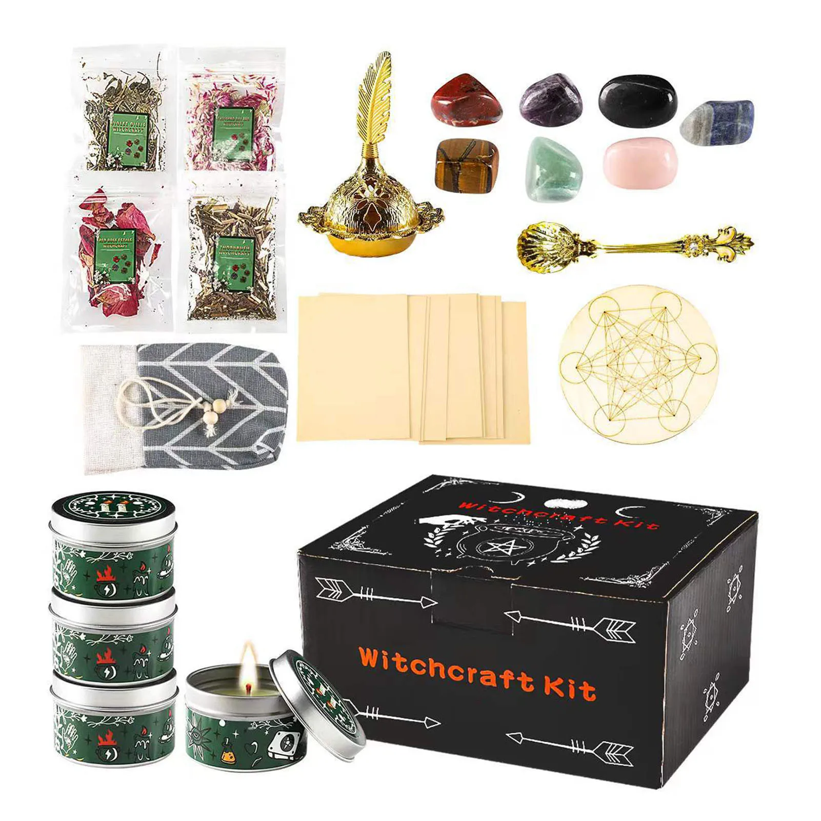 Witchcraft Supplies Kit Crystal Stone Dried Flower Candle Magic Set Healing Crystals And Colored Magic Spiritual Candles