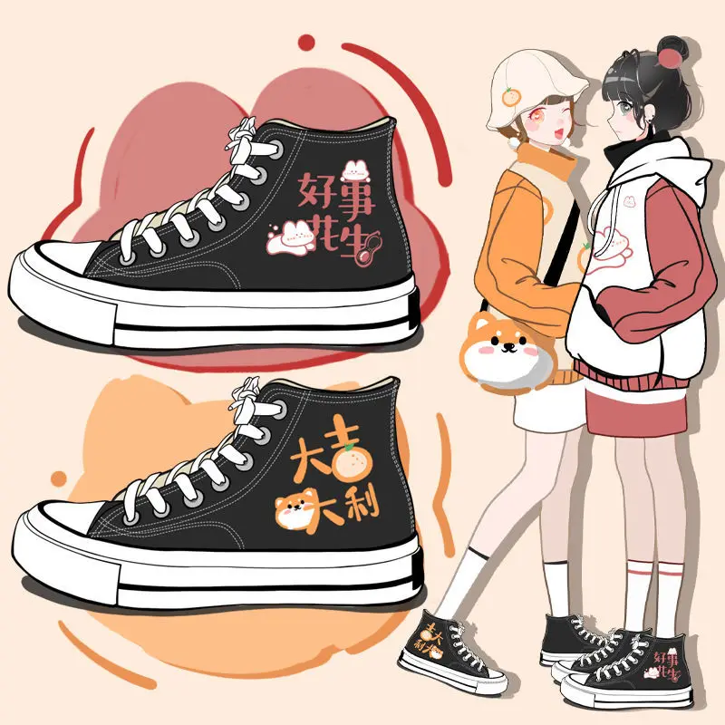 

Lovely kawaii Women Cartoon Canvas Shoes Female Students Black High Tops Casual Sneakers Woman Vulcanize Shoes Girls Flat Shoes