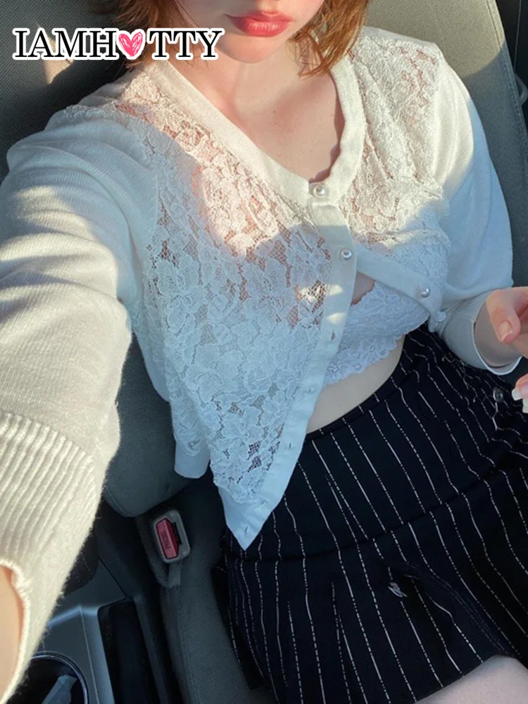 

IAMHOTTY вязаный крючком кружевной лоскутный свитер кардиган Белый однобортный вязаный жакет с длинным рукавом милое эстетическое пальто осен...