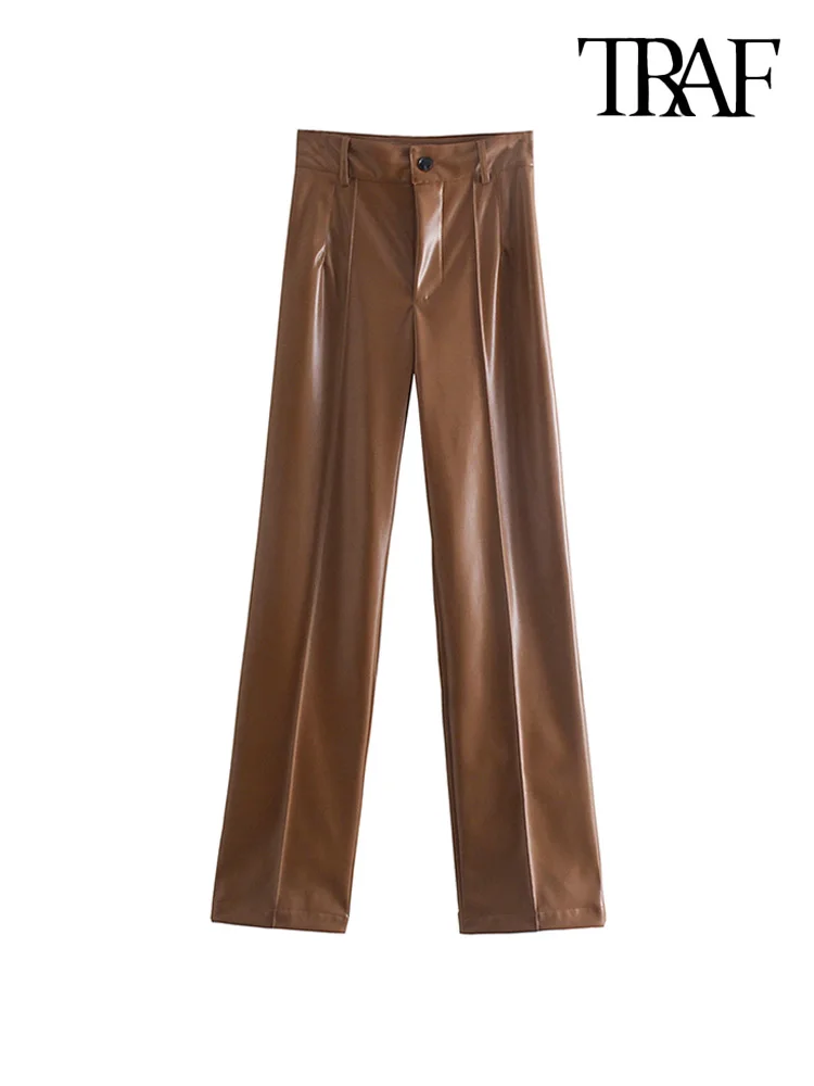 Брюки женские прямые из искусственной кожи с высокой талией на молнии | Женская