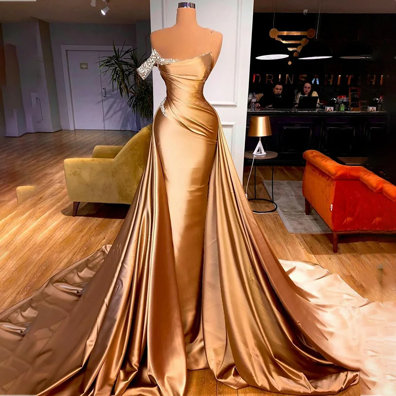 

One Shoulder Gold Mermaid Evening Dresses with Detachable Train Crystal Women Prom Gowns Party Wear Formal Robe De Soirée