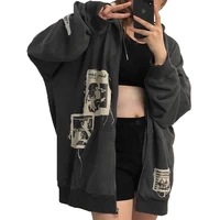 zip up hoodie grunge aesthetic clothes oversized sweatshirt with zipper vintage y2k tops kawaii coat spring autumn streetwear
