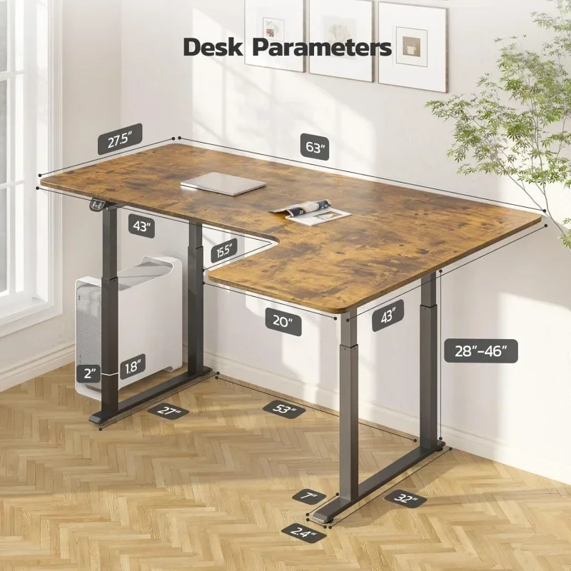 Стол L-образный 63x43 дюйма Электрический регулируемый стол с двумя моторами для