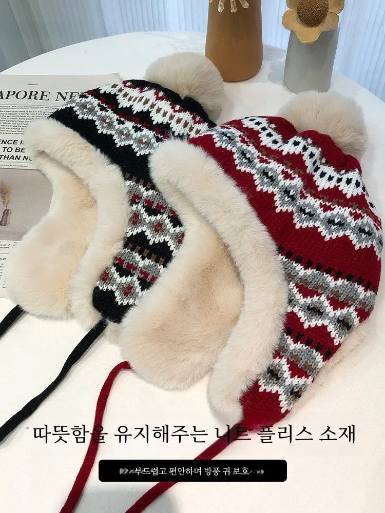 Милая шерстяная шапка женская осенне-зимняя утолщенная теплая вязаная плюшевая