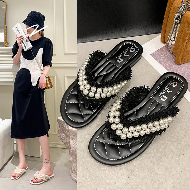 

Shoes Slippers Soft String Bead Slides Slipers Women Low Comfort Flat 2022 Summer Fabric Rubber PU Sweet Basic Cotton Shoes Wom
