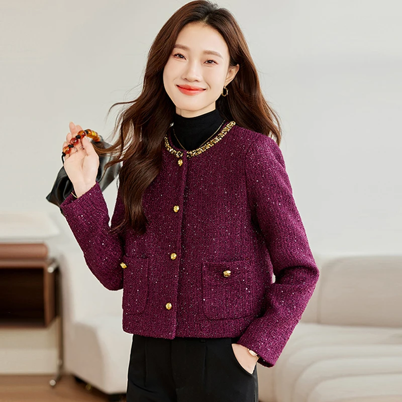  Пальто женское осень-зима 2025 Новое поступление маленькие короткие твидовые