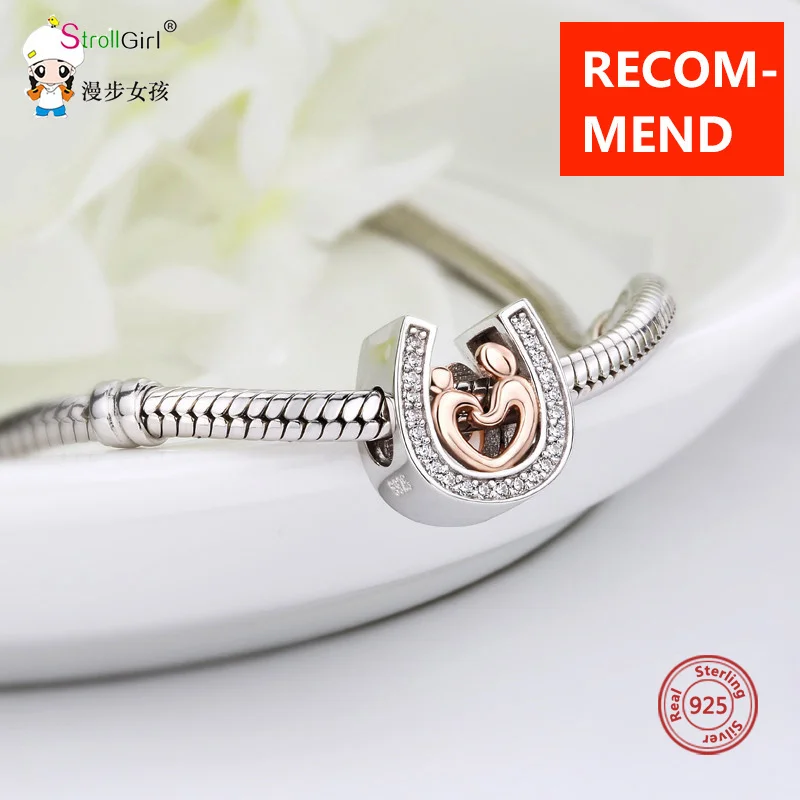 

925 Sterling Silver Beads Horseshoe Cz Mom and Kid Charms Fit Diy Original European Bracelet Beads Jewelry Making Gift