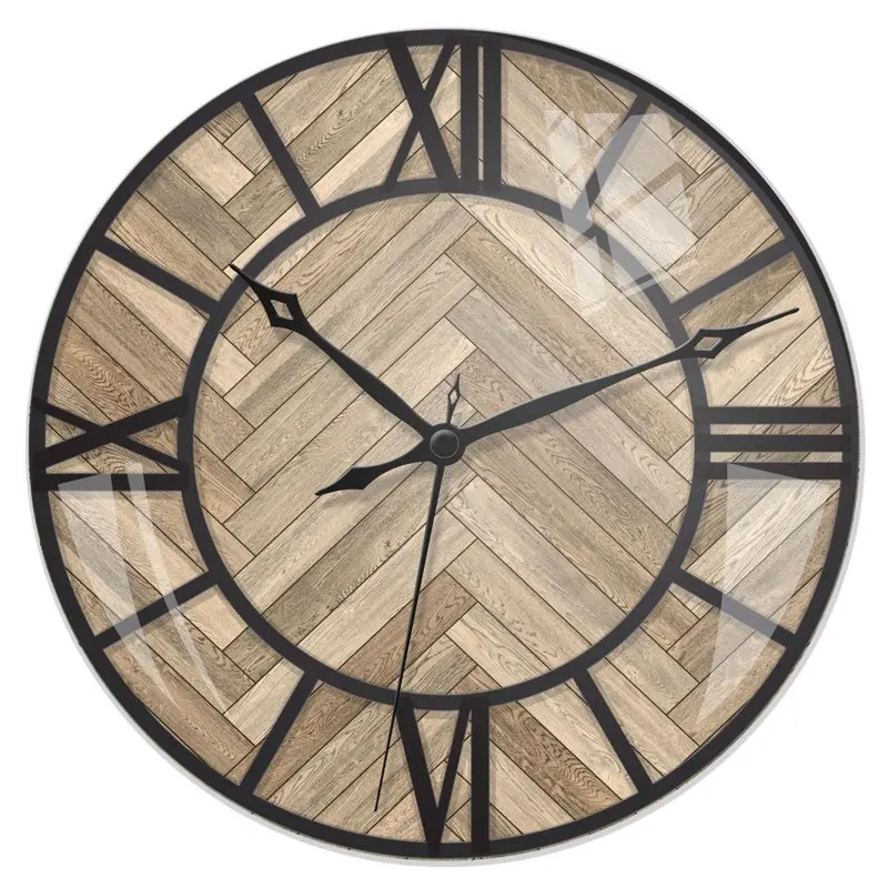 

16" Herringbone Wood Dome Glass Wall Clock-Model 33228HBW by