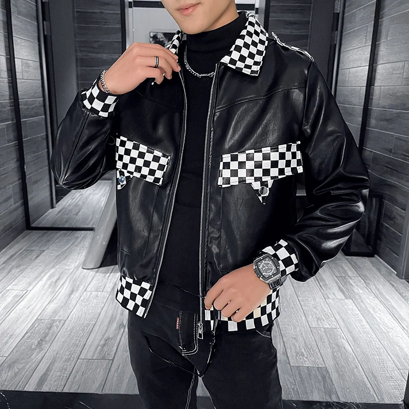 2022 Checkerboard Splicing Leather Jackets Men Casual Slim PU Motorcycle Bike Jacket Streetwear Social Lapel Coats Men Clothing