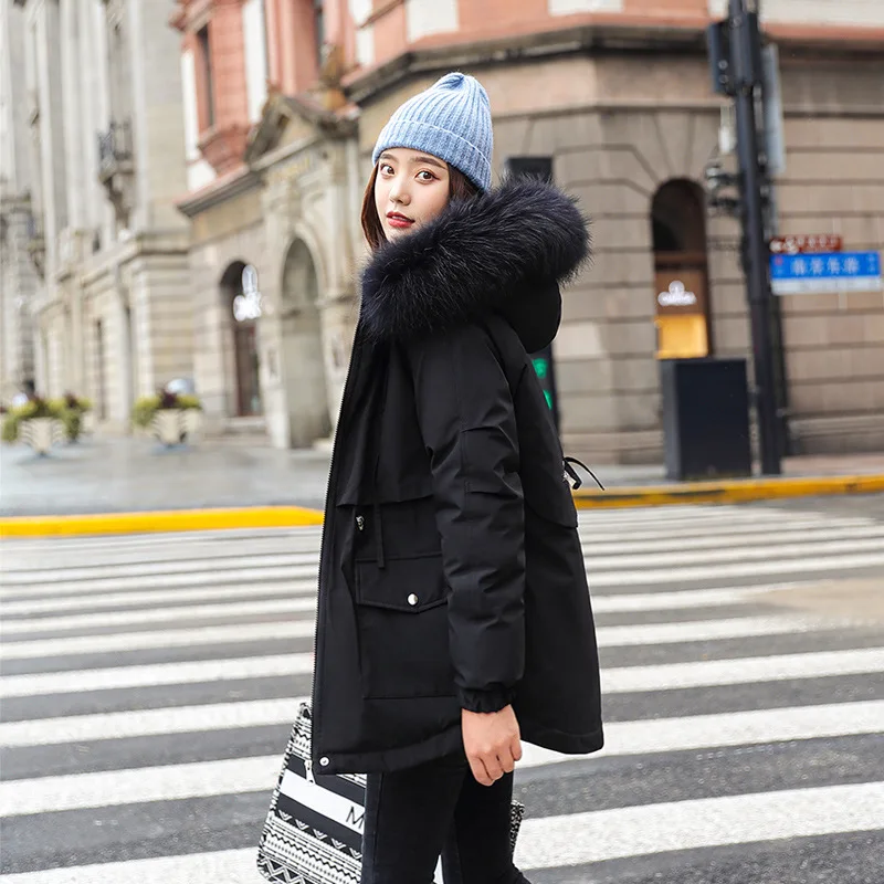 Plush Sustans Parkas Autumn Winter Women Big Furry Collar Short Style Slim Hooded Coat Office Lady Casual Commute Warm Overcoats
