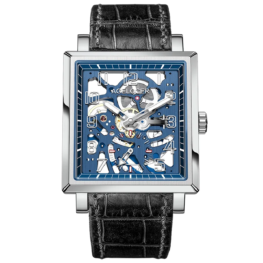 

AGELOCER Street Fashion Blue Dial Design Hollow Skeleton Watch Men Watch Top Brand Luxury Manual Mechanical