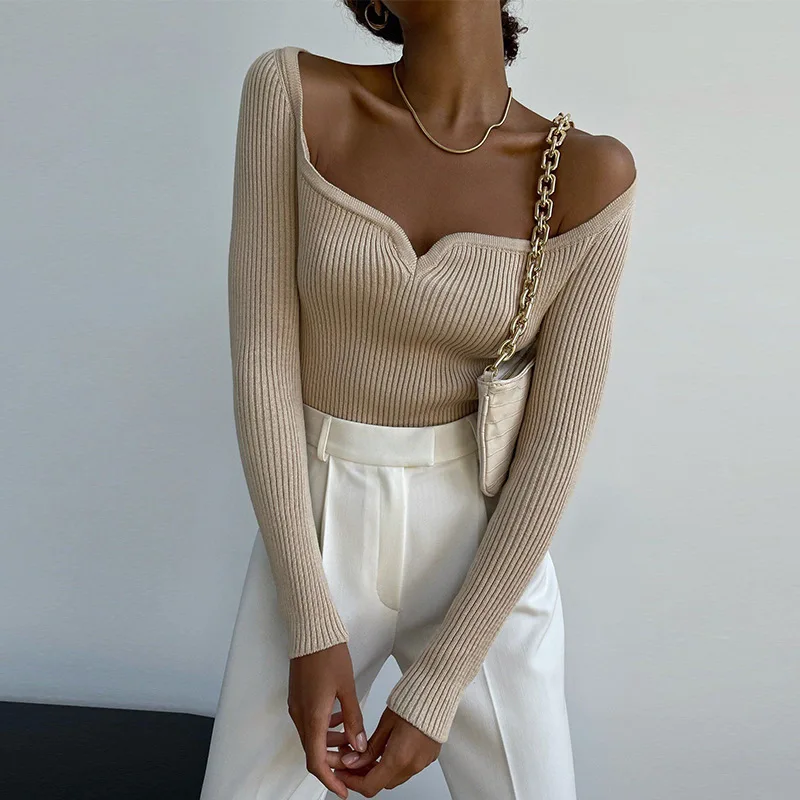 

New Korean Knitwear Women's 2023 Solid Color Off Shoulder Sweater Women Long Sleeve Square Neck Pullover