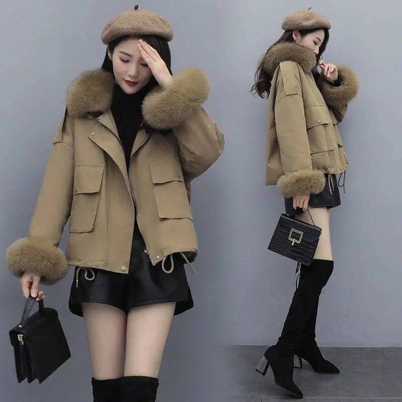 Winter New Women Parka Down Jacket Fashion Design Casual Loose Plus Velvet Warm Fur Collar Short Coats Elegant Female Clothing