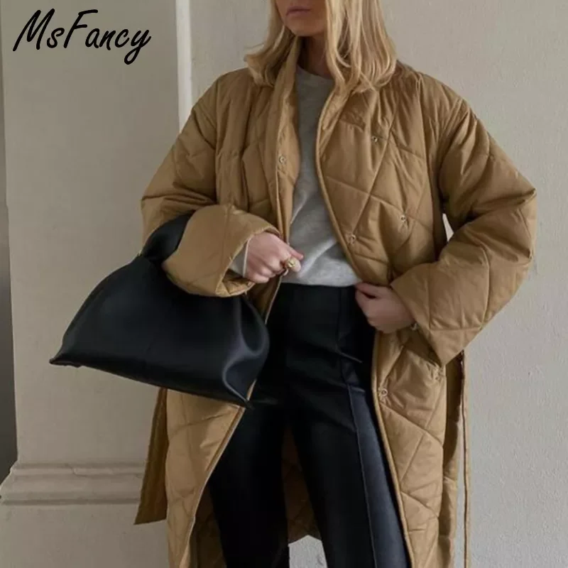 

2022New Long Parkas Women Stand Collar Quilted Coats Femme Winter Double Breasted Tunic Bandage Jacket Outwear