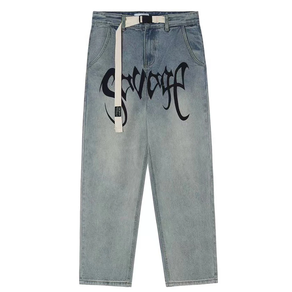

Hip Hop Baggy Jeans Letter Printed Streetwear Oversized Loose Jeans Harajuku Denim Pants Men Blue Jeans Trousers Luxury Design