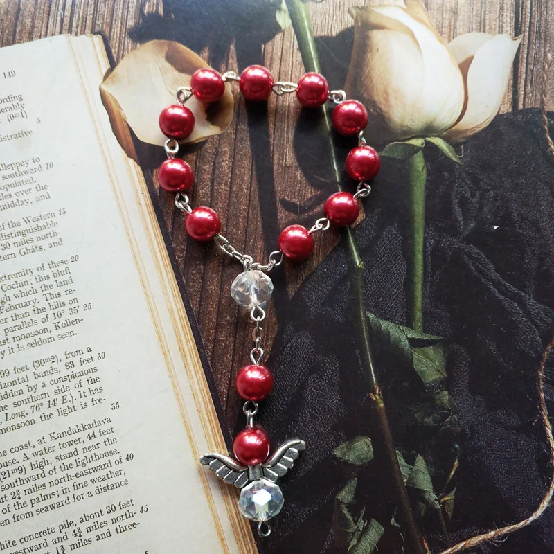 Guardian Angel Wings Rosary Prayer Finger Bracelet Simulated Pearl Crystal Beads Chain Religious Communion Jewelry Baptism Gift |