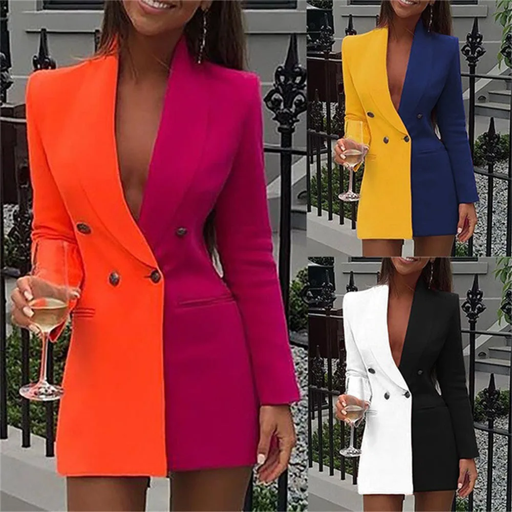Elegant Suit Orange Blazer Dress Women Patchwork Vintage Suit Jacket Women Bleizer Casual De Mujer Splicing V Neck Female Dress