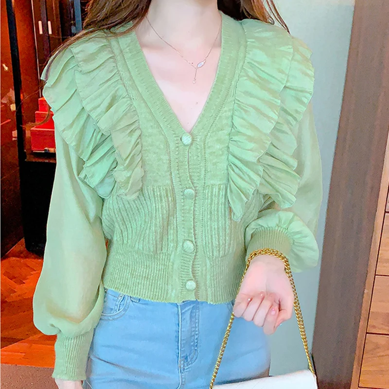 

French Casual Three-Dimensional Stitching Lotus Leaf V-Neck Women'S Autumn New Solid Color Fashion Bottoming Chiffon Sweater