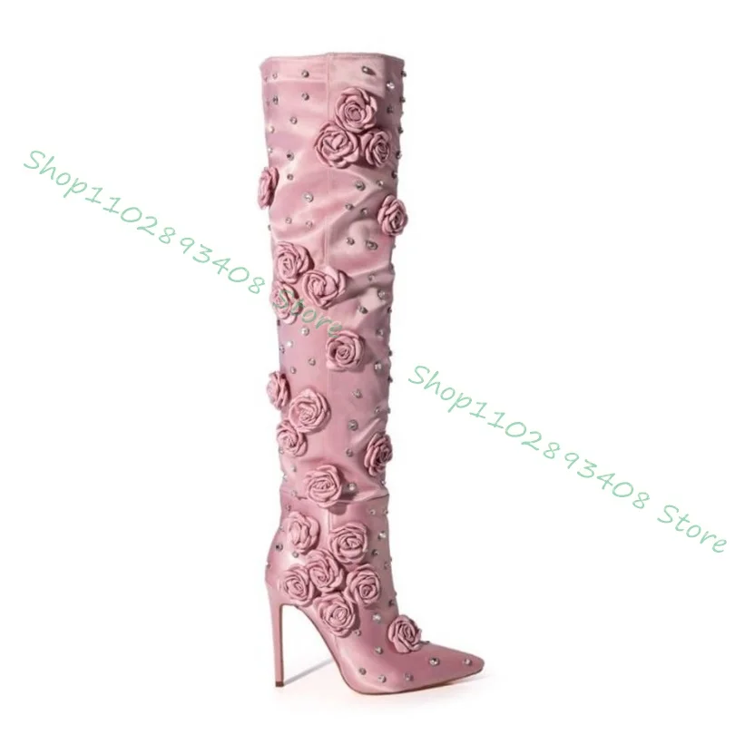 

Rose Crystal Decor Silk Boots Side Zipper Pointed Toe Pink Stiletto Heels Knee Boots Women Fall Sweet Shoes Zapatos Para Mujere