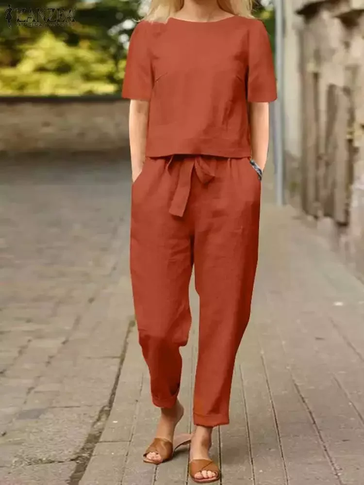 

ZANZEA 2022 Vintage Women Pant Sets Summer Fashion Short Sleeve O Neck Top Wide Leg Pant 2PCS Sets Casual Loose Party Home Suits