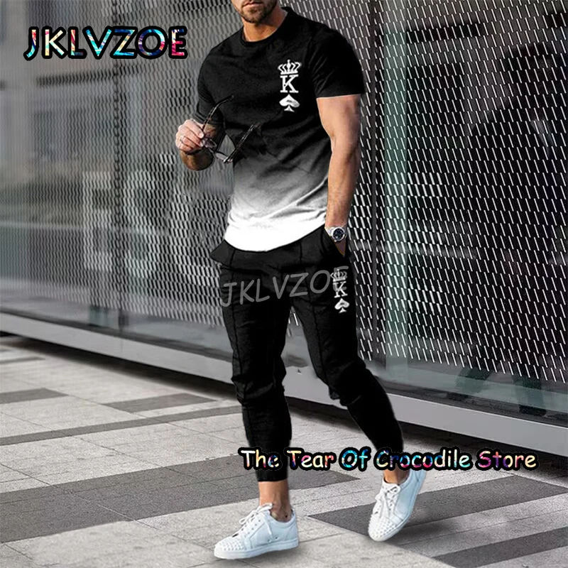 2023 Men's T Shirt+Pants Trousers Tracksuit 2 Piece Set 3D Printing Summer Dark stripe Trend Outfit Short Sleeve Street Clothing