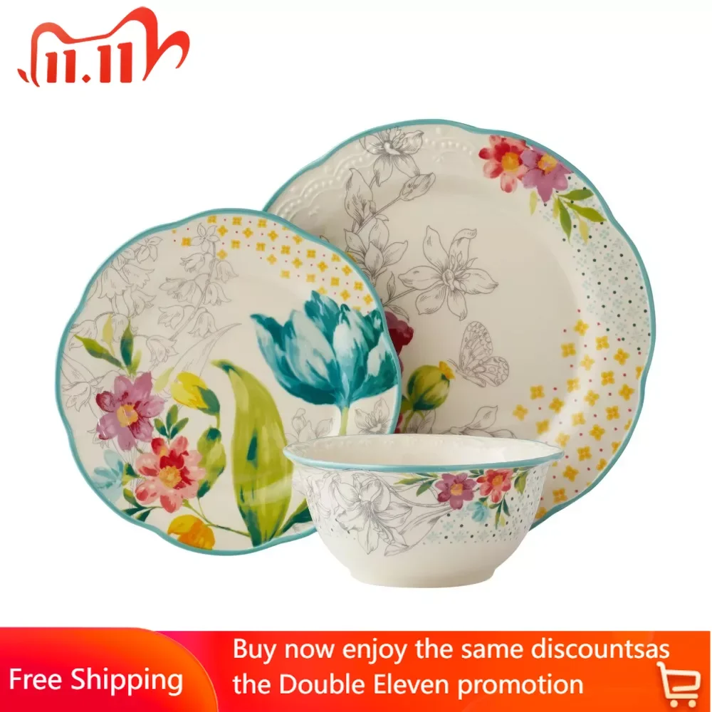 

Обеденная тарелка, бесплатная доставка, посуда, цветущий букет, набор посуды из 12 предметов, тарелки для ресторана, блюдо, керамические блюда, столовые наборы