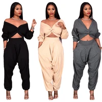 womens two piece summer womens sexy streetwear solid color navel v neck cross top drop crotch pants suit womens nightclub