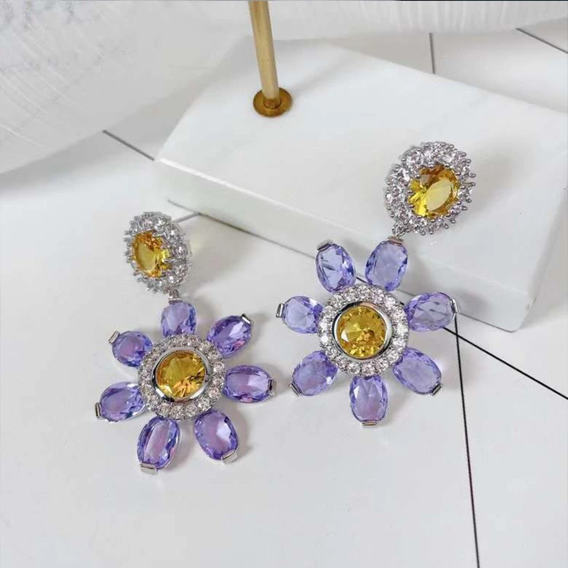 

Purple Green Flower Dangle Earrings for Women Cute Holiday Summer Beach Jewelry Gift Friends Daughter