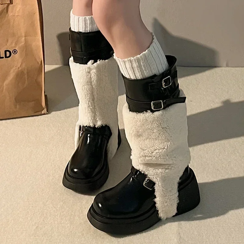 Меховые высокие сапоги на платформе женские дизайнерские новые среднем каблуке