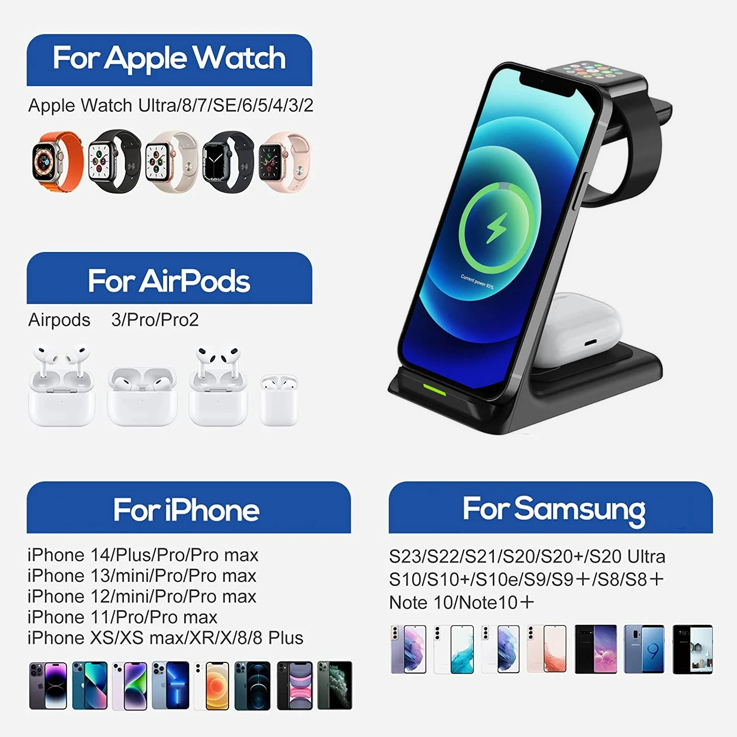 30 Вт Беспроводная зарядка для iPhone 15 14 13 12 11 Pro Max Apple Watch 9 8 7 Airpods Samsung Galaxy S24 S23 S22 Ultra Buds