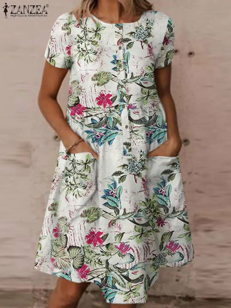 

ZANZEA Bohemian Elegant Evening Party Summer Floral Printed Women Dress Short Sleeve O-Neck A-line Sundress Fashion Casual Dress