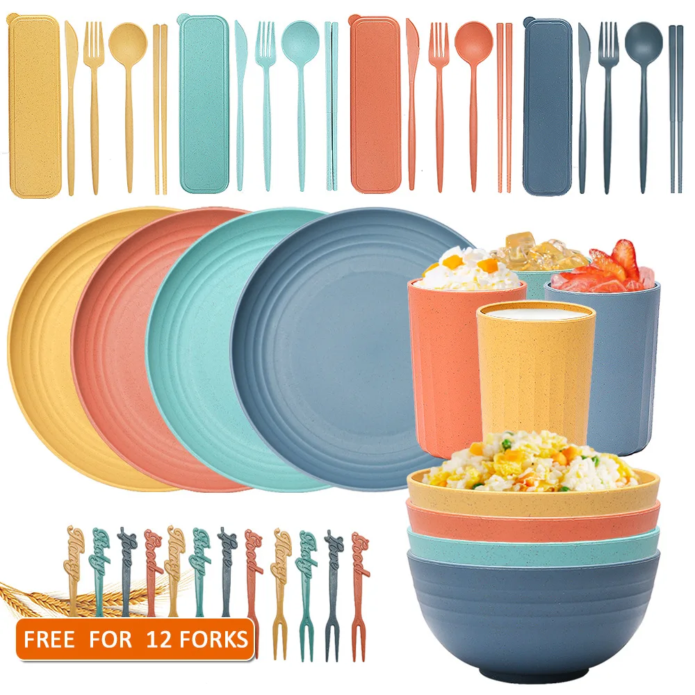 Wheat Straw Bowl Saucers 32-Piece Tableware Set Portable Knife, Fork and Spoon Chopsticks Microwaveable Tableware Set