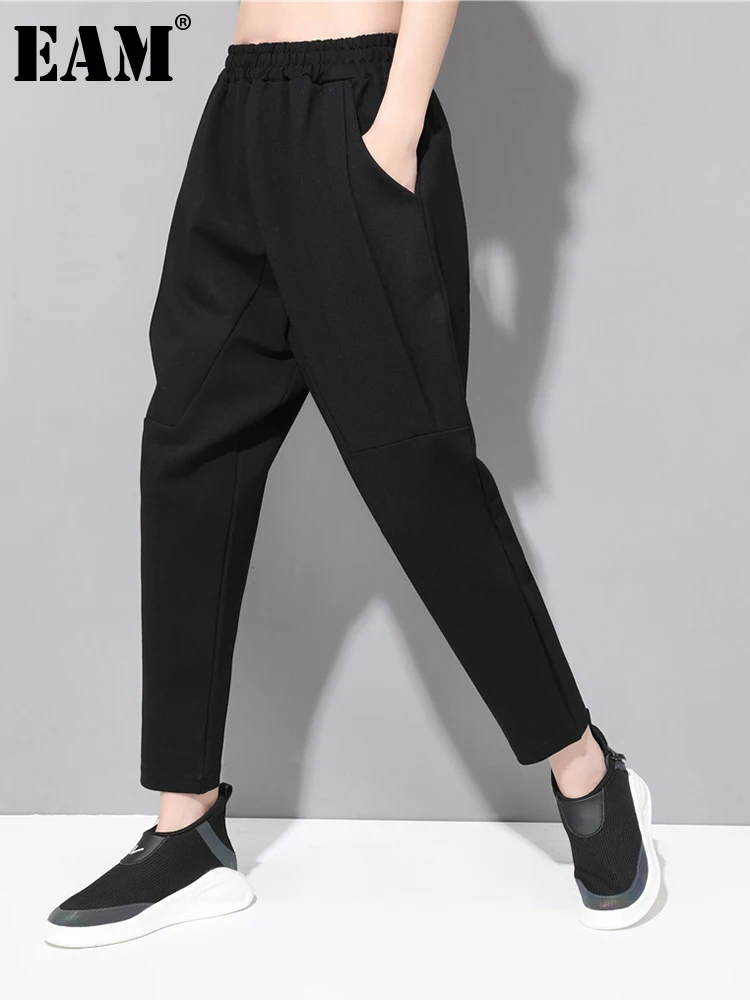 

[EAM] черные плиссированные штаны-шаровары с высокой эластичной талией и карманами; Новинка; Свободные женские брюки; Модные брюки; Сезон весна-осень; 2023; 1DF5327