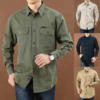 men shirt solid color single breasted multi pockets wear resistant men top for daily wear