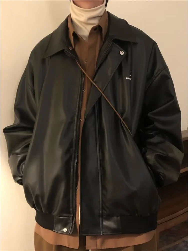 Кожаные куртки мужские модные повседневные однотонные весенние красивые