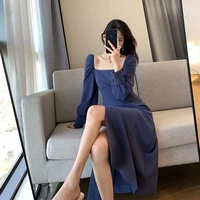long sleeve slit maxi dress for women clothes 2022 korean fashion spring square collar lady elegante vestido robe femme s 4xl