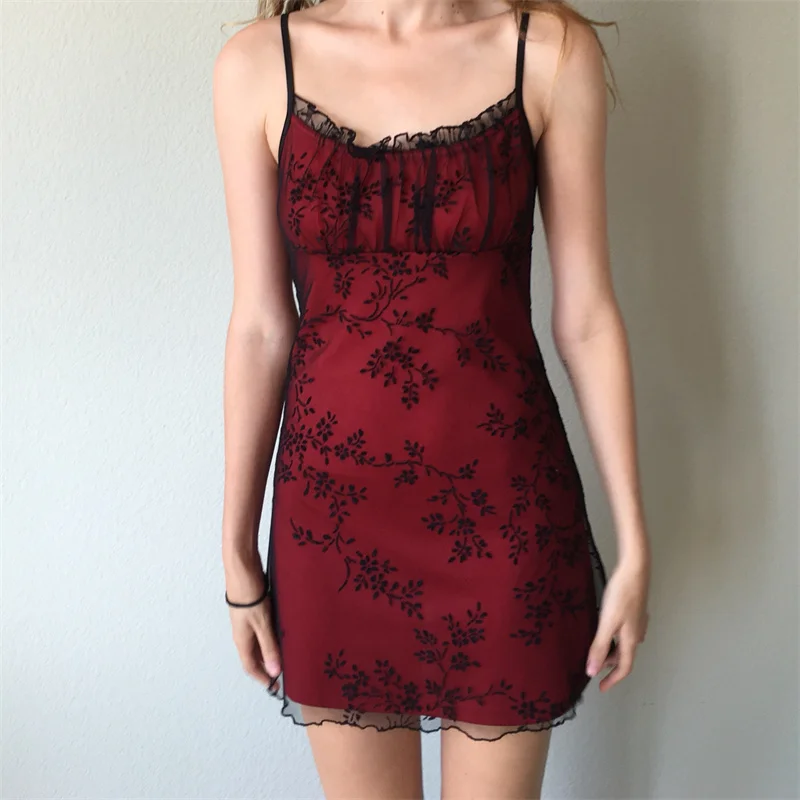 

Women Y2K Vintage Fairycore Grunge Strapless Ruffles Dress Vintage Floral Lace Double Layers Mini Dress Retro