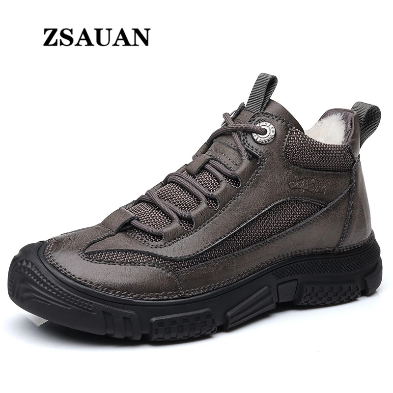 

ZSAUAN Winter Wool Casual Leather Men Sneakers High Top Handmade Outdoor Men Boots Thermo Insulated Chunky Shoes Russia Style