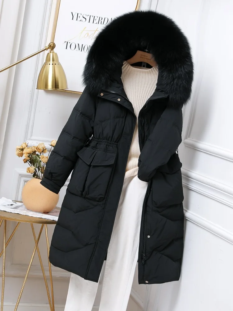 New Women Fox Fur Collar Long Down Jacket Casual Style Autumn Winter Coats And Parkas Female Outwear