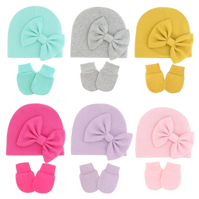 

2 Pcs Cute Bowknot Turban Beanie Cap Soft Cotton Comfy Baby No Scratch Mittens Kit Baby Anti Scratching Gloves Hat Set