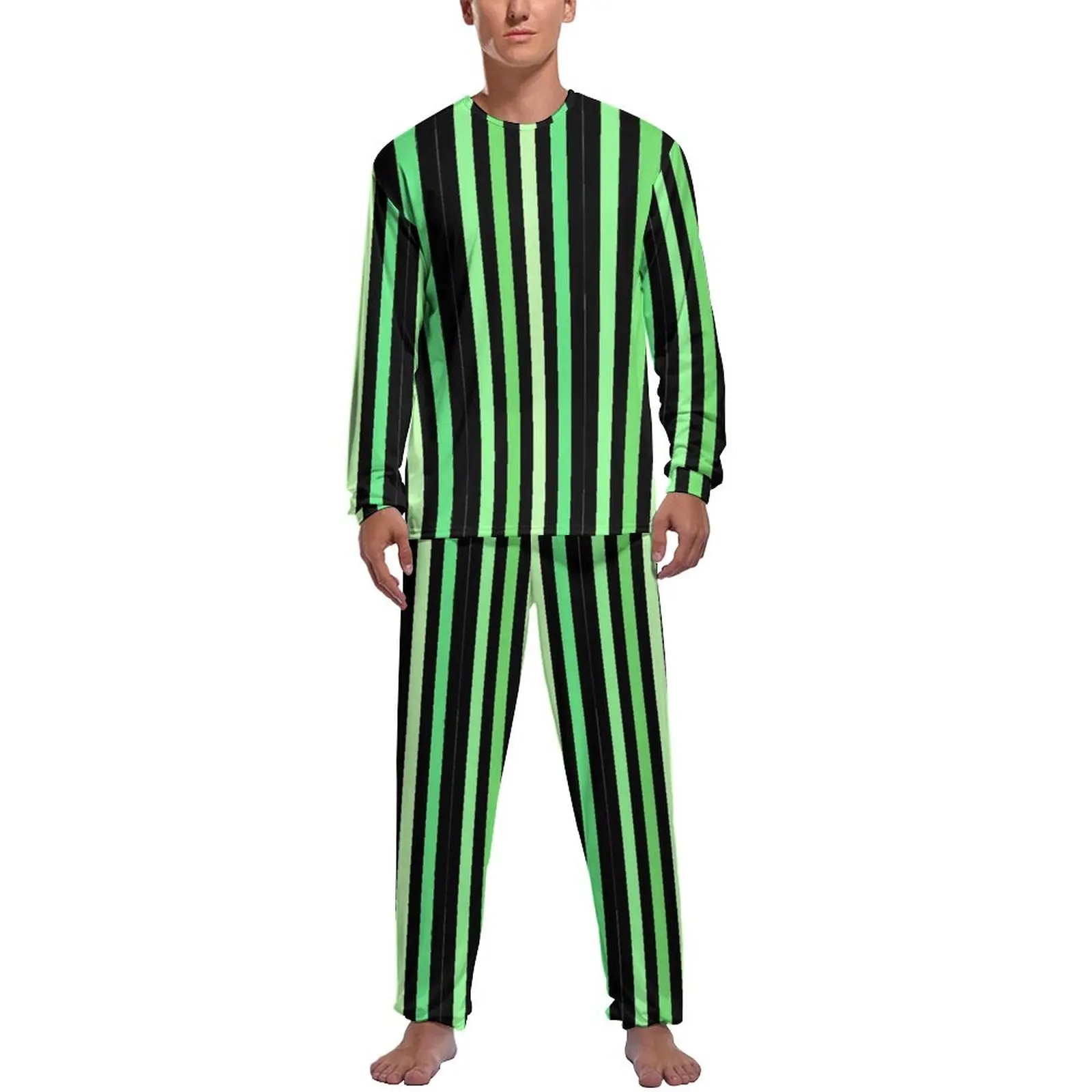 

Colorblock Print Pajamas Autumn Green Stripes Home Sleepwear Men 2 Pieces Custom Long Sleeve Kawaii Pajamas Set