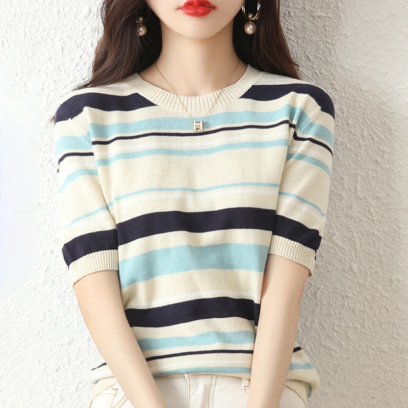 

Ladies T-shirt 2022 summer new 100% cotton knitted sweater short-sleeved casual striped women's top round neck tees