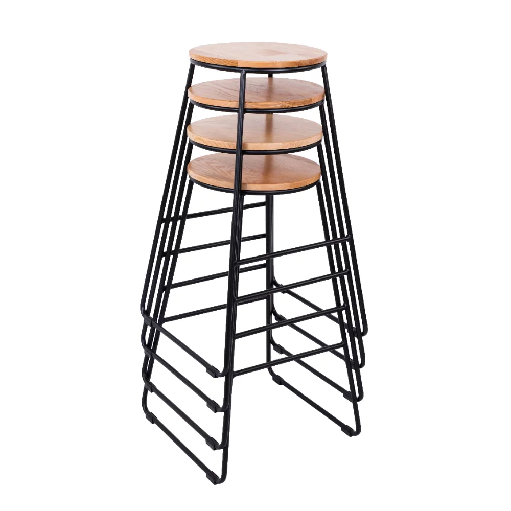 28"H Backless Stool Black Metal Base with Natural Wood Seat 