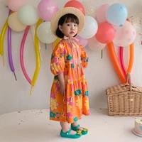 kids clothes floral dress little girls 2 3 6 8 year fashion korean style casual long sleeve orange print dresses child costumes
