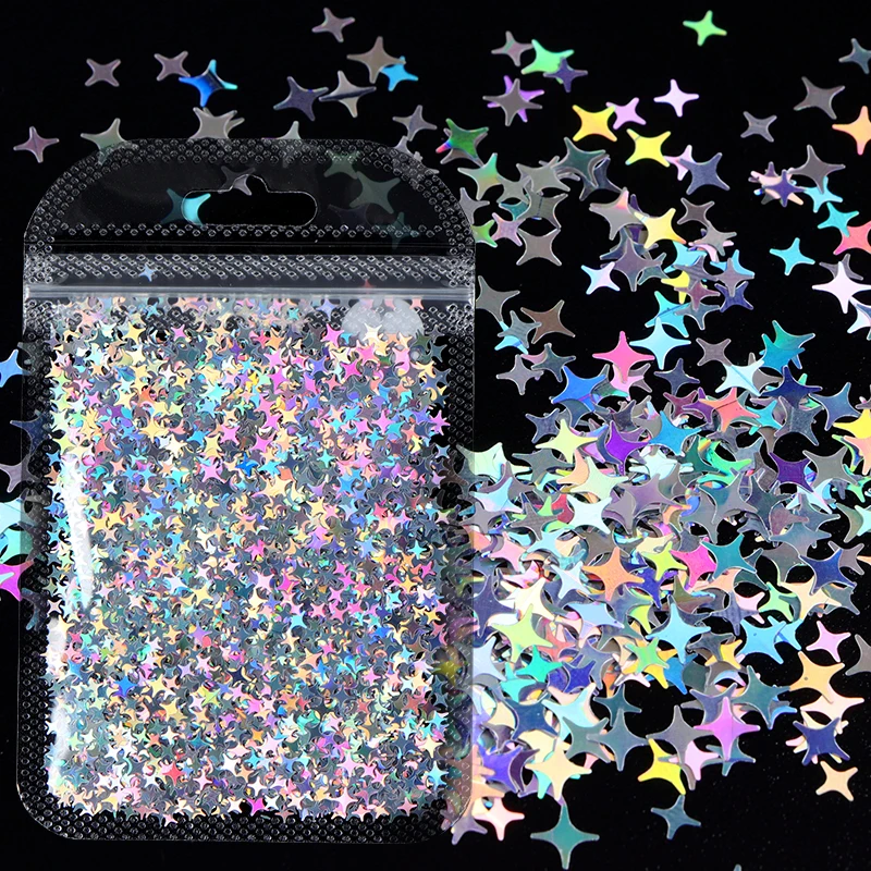 

1 пакет золотых и серебряных голографических блесток, лазерных четырехконечных звезд, акриловых блесток для художественное оформление ног...